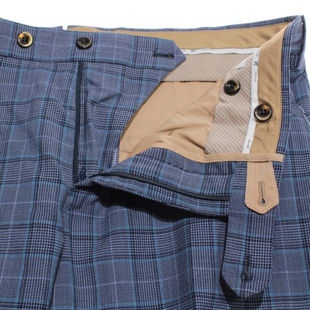 PT Torino NWT Dress Pants Size 50 (US 34) Slim Fit Super 110's Blue Plaid Wool